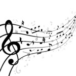 Music notes on a stave or staff consisting of five lines curving into the distance with diminishing perspective and a clef in the foreground with scattered notes.