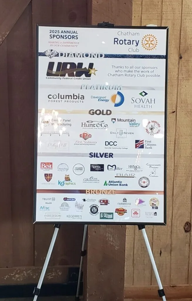 May show: A sponsor board on an easel displays various business logos and the Rotary logo, placed indoors against a wooden wall and door.