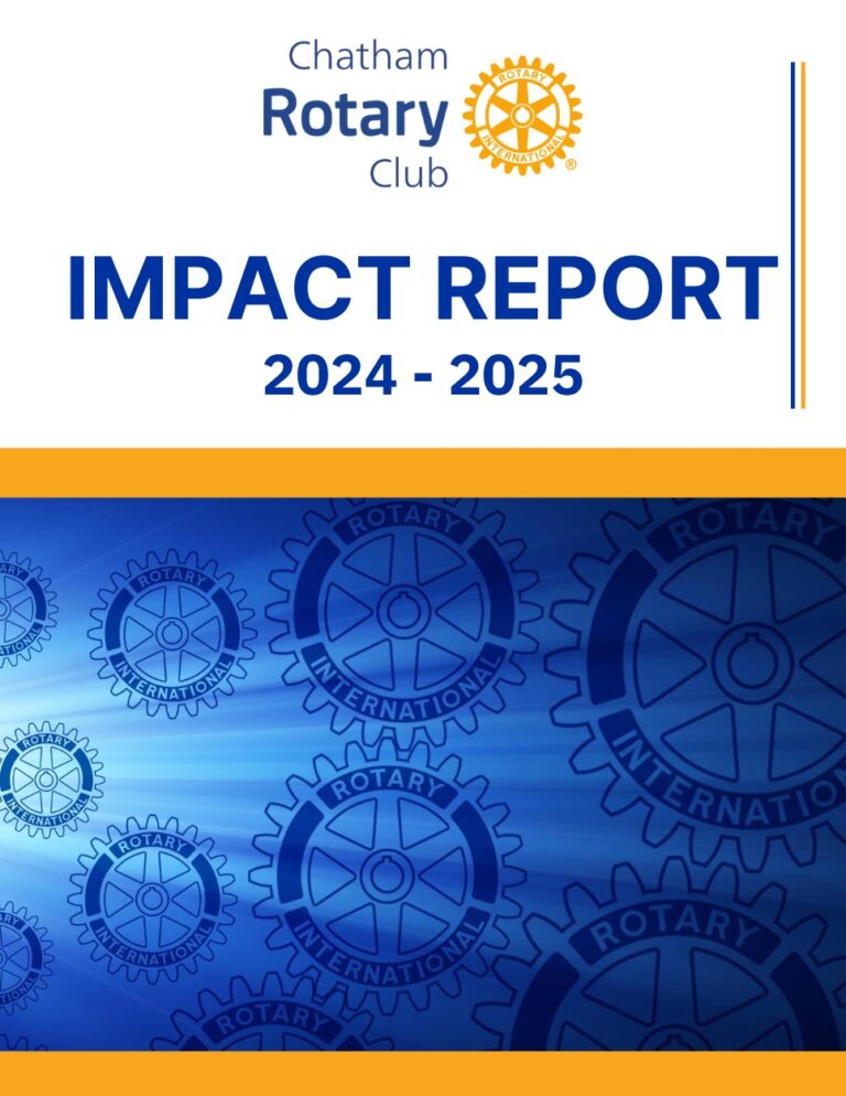 Chatham Rotary Club 2024-2025 Impact Report cover featuring the Rotary International logo and blue gear graphics.