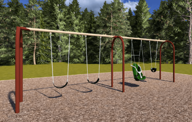 May show: A playground swing set with four standard swings, one green adaptive swing, and one black bucket swing, set on a mulch surface with trees in the background.