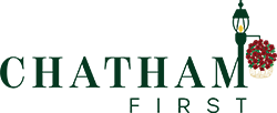 May show: Logo for Chatham First featuring the text "CHATHAM FIRST" with a lamppost and a hanging basket of red flowers integrated into the design.
