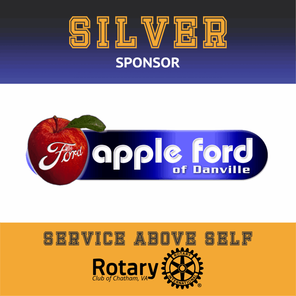May show: The image displays "SILVER SPONSOR" above the Apple Ford of Danville logo, with "SERVICE ABOVE SELF" and the Rotary Club of Chatham, VA logo at the bottom.