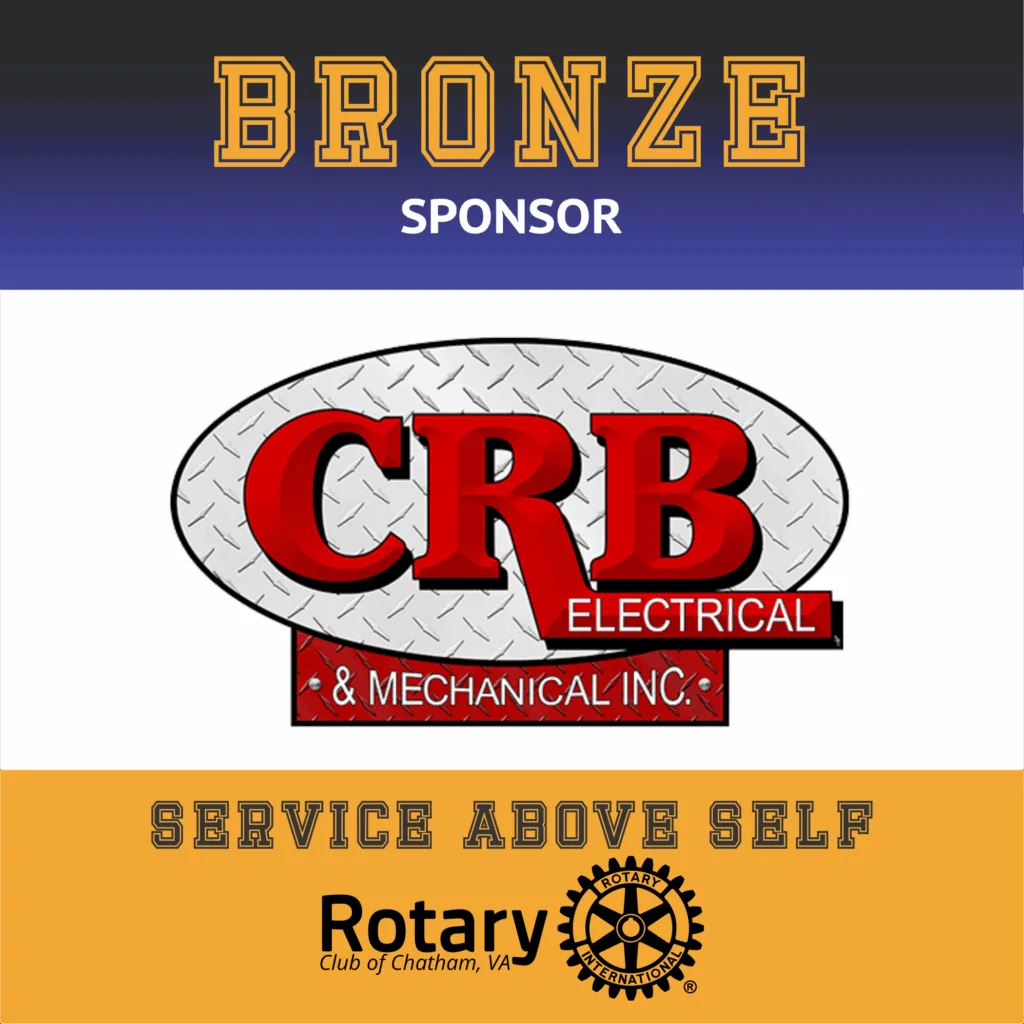 May show: Bronze sponsor graphic for Rotary Club of Chatham, VA, featuring CRB Electrical & Mechanical Inc. logo and the motto "Service Above Self.