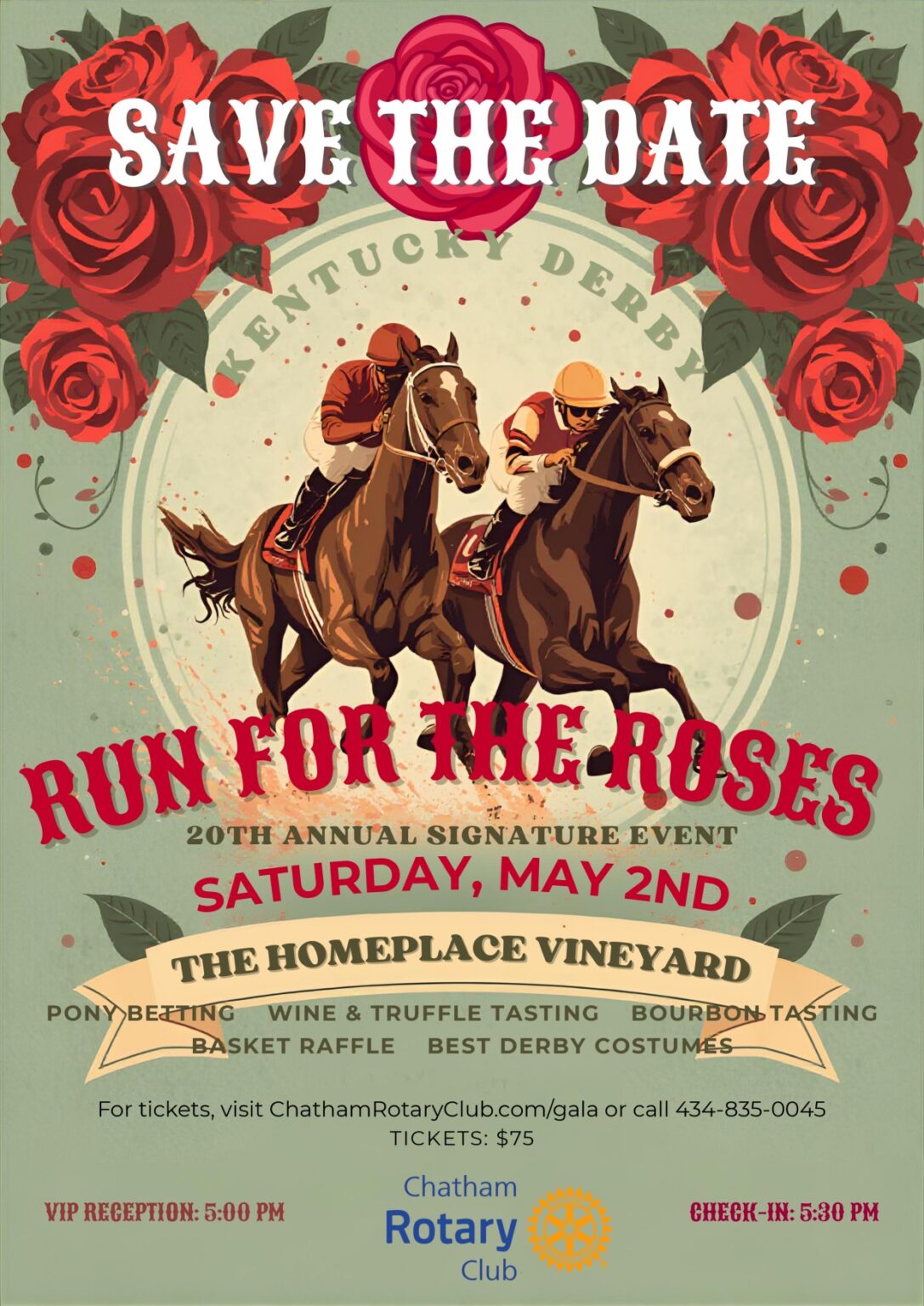 May show: Poster for the "Run for the Roses" event on Saturday, May 2nd at The Homeplace Vineyard, hosted by Chatham Rotary Club, featuring horse riders and event details.