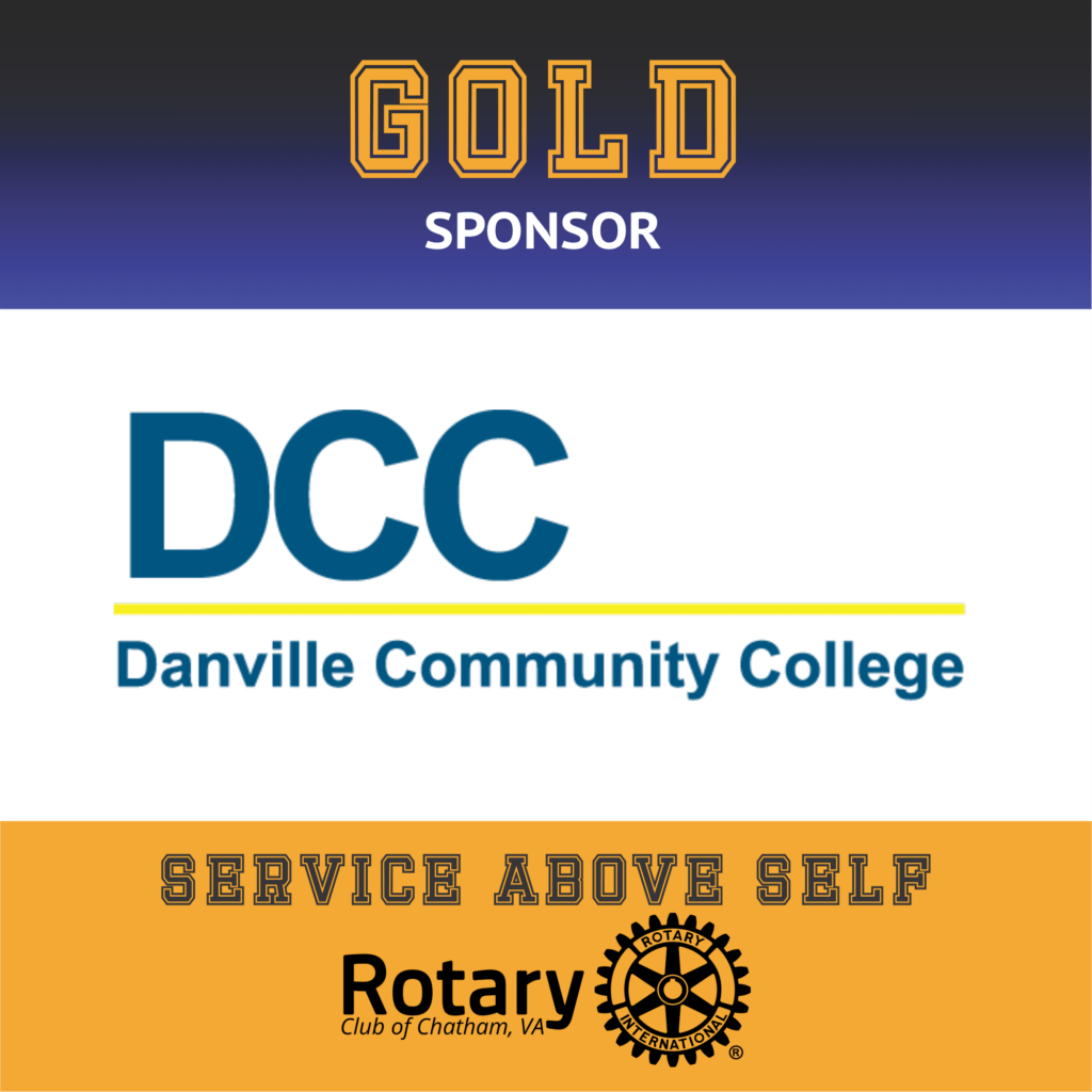 May show: Gold sponsor graphic featuring Danville Community College logo and Rotary Club of Chatham, VA emblem with the motto "Service Above Self.