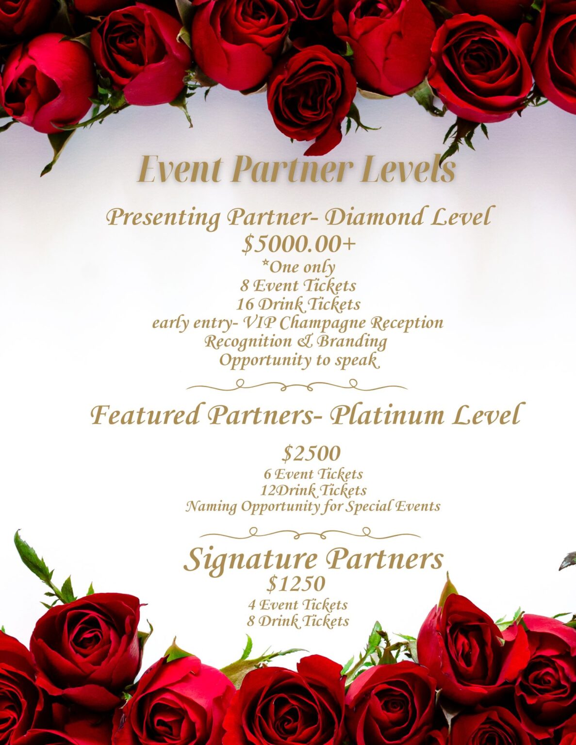 May show: A sponsorship flyer with red roses framing details of three event partner levels: Diamond ($5000+), Platinum ($2500), and Signature ($1250), listing ticket and recognition benefits.