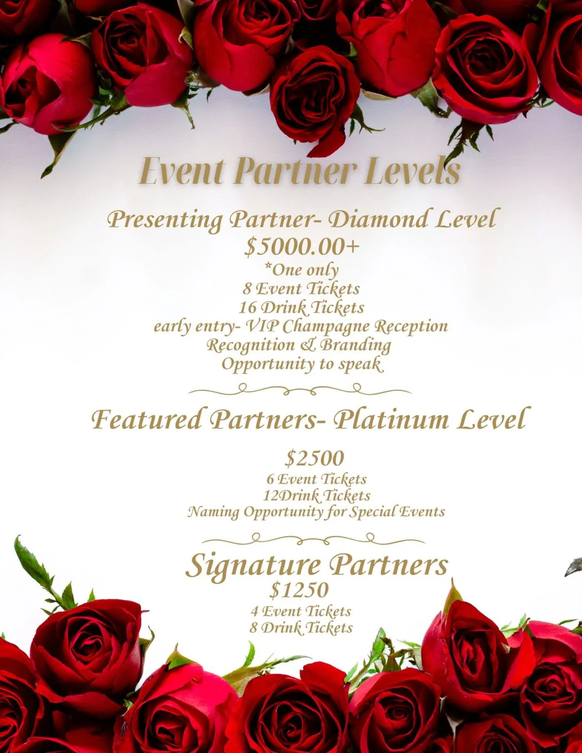May show: A sponsorship flyer with red roses framing details of three event partner levels: Diamond ($5000+), Platinum ($2500), and Signature ($1250), listing ticket and recognition benefits.