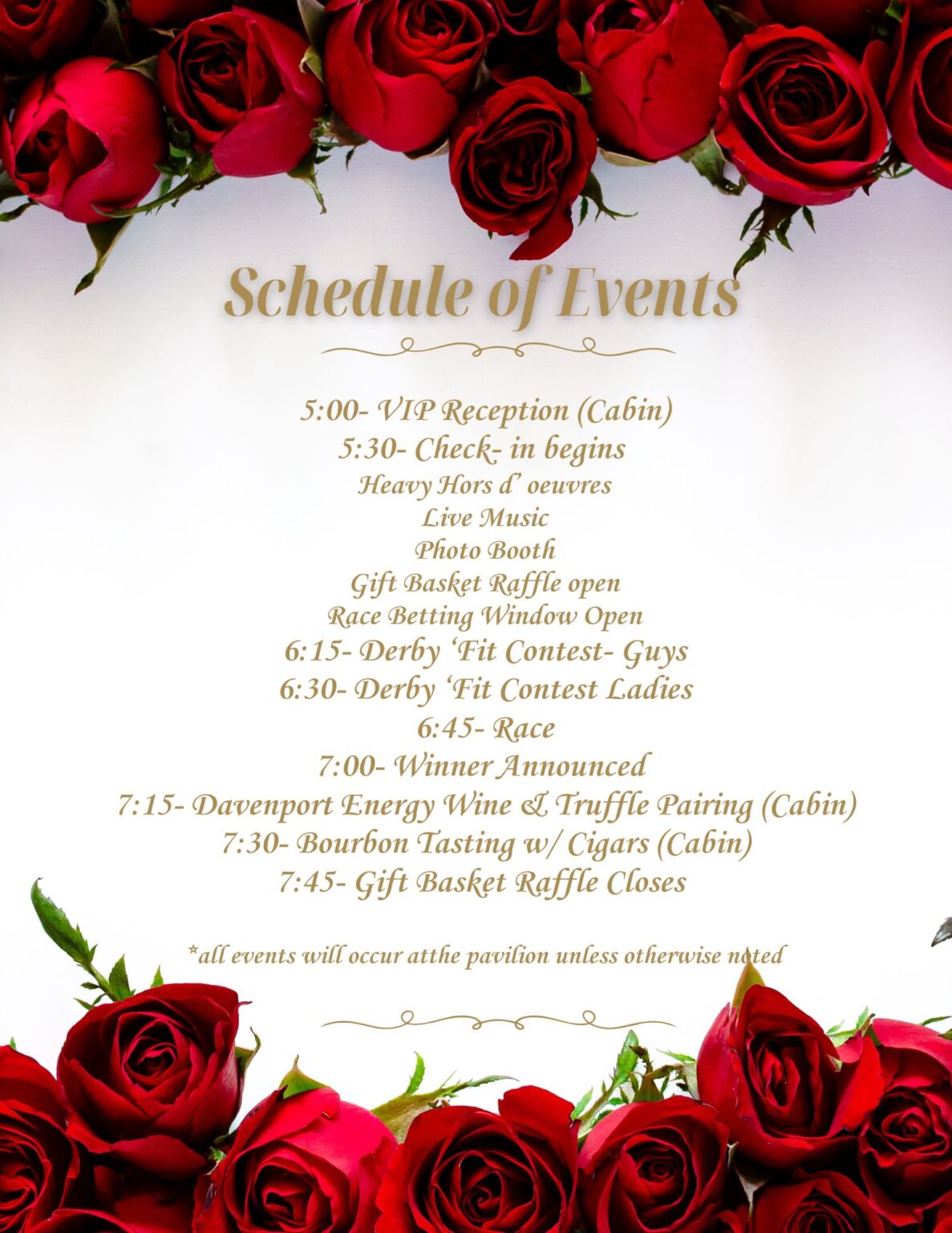 May show: Schedule of events printed on a white sheet bordered with red roses, listing times for reception, check-in, raffle, derby, tastings, and other activities.
