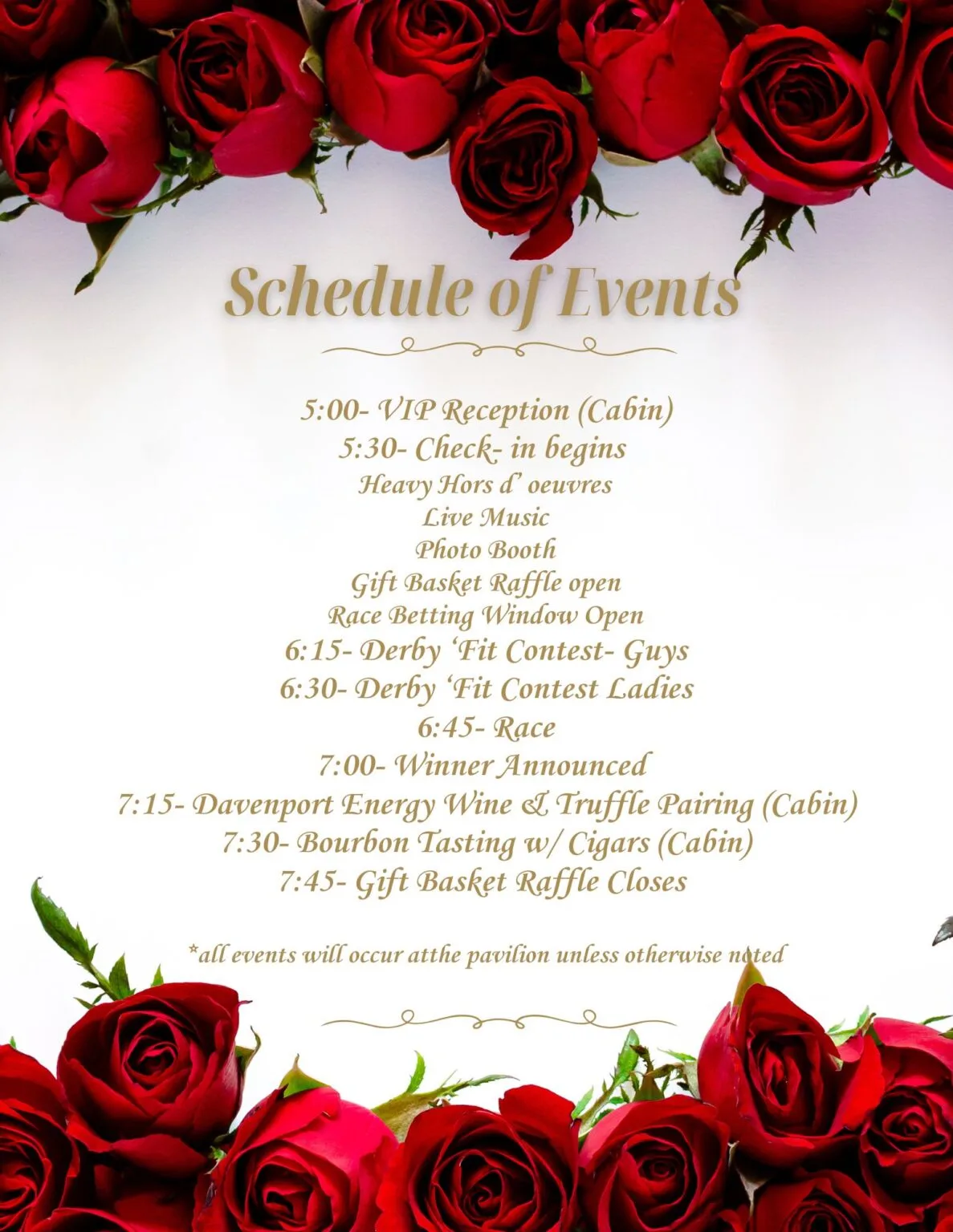 May show: Schedule of events printed on a white sheet bordered with red roses, listing times for reception, check-in, raffle, derby, tastings, and other activities.