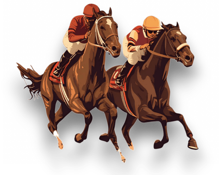 May show: Two jockeys in red and orange gear ride brown horses side by side, appearing to race against each other.