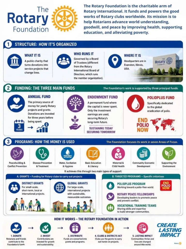 May show: Infographic explaining Rotary Foundation’s structure, main funding streams, program spending, and global impact areas; includes icons, flowcharts, and brief descriptive text.